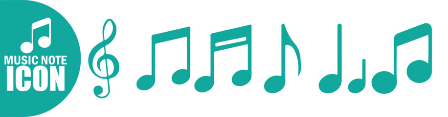 Turquoise Music Notes and Treble Clef Icons. Music notes icon set, Music notes symbol. Vector eps 10