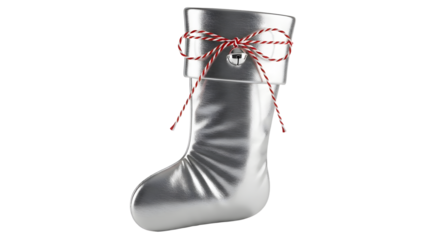 Gift - Silver Christmas stocking with red and white string bow, festive holiday decoration perfect for Christmas and winter celebrations