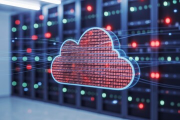Cloud computing symbol made of binary code in server room
