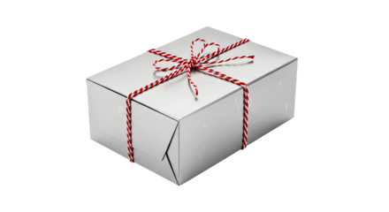 Gift - Silver gift box wrapped with red and white striped twine bow on white background, perfect for holidays and celebrations