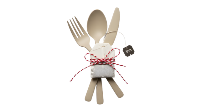Gift - Silverware set with fork, spoon, knife tied by red string and attached small gift bag and heart tag, isolated on white, perfect for weddings or romantic dinners