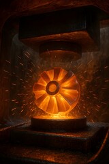 Molten Inconel Turbine Wheel Forging in Industrial Press with Sparks and Heat