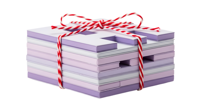 Gift - Stack of purple books tied with red and white twine string isolated on white background, perfect for education projects or bookshop promotions