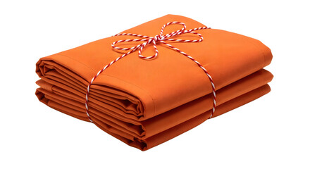 Gift - Neatly folded orange fabric bundles tied with white and red string, ideal for sewing projects and craft materials