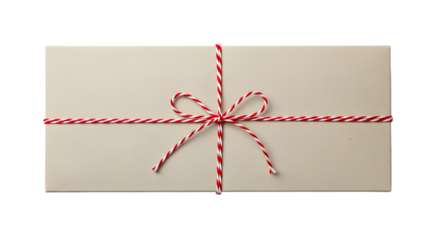 Gift - White rectangular gift box wrapped with red and white striped twine bow, isolated on white background, perfect for holiday presents