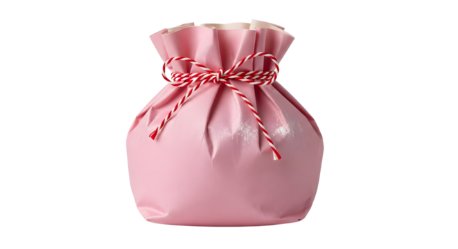 Gift - Pink fabric gift bag tied with red and white string, isolated on white background, perfect for party favors and gift wrapping