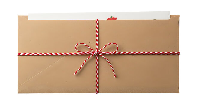 Gift - Brown kraft paper envelope with red and white string tied in a bow, isolated on white background, perfect for invitations and gift cards