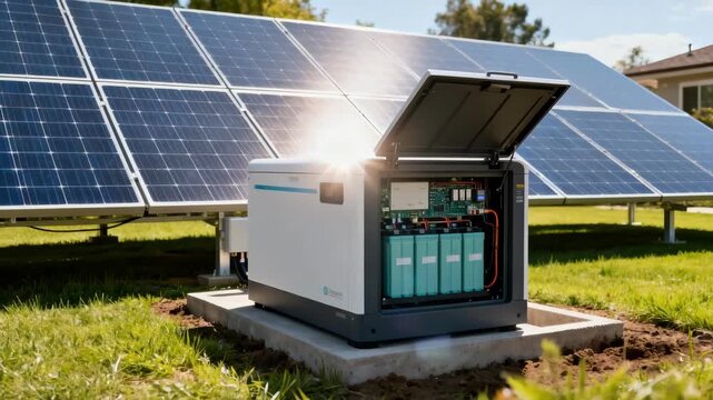Medium shot of a compact aboveground solar battery storage box positioned near a residential solar panel array highlighting easy access and efficient energy use.