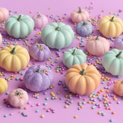 colorful playful background, pastel pumpkins, quirky aesthetic, dragees scattered, pink background. pastel Halloween, candycore, kawaii style, positivity, gentle celebration, modern seasonal branding