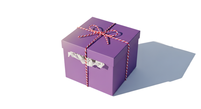 Gift - Purple gift box with white ribbon and red and white twine bow casting shadow on white background, perfect for holiday presents
