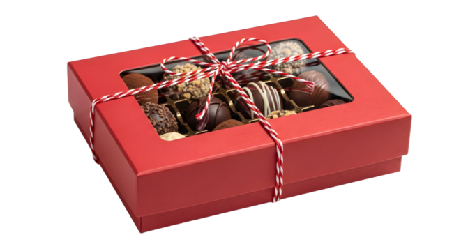 Gift - Red gift box with assorted chocolates tied with festive twine string, perfect for Valentine's Day or holiday gifting