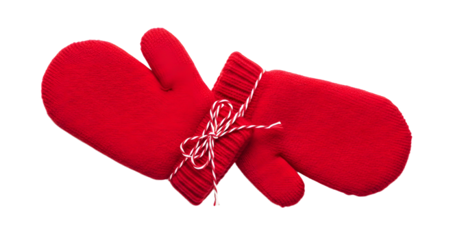 Gift - Red knitted mittens with a decorative white and red string tied around them isolated on white background, perfect for winter fashion and Christmas season