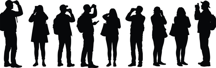 Silhouette group of people photographing with cameras and smartphones, travel photography concept, tourists capturing moments, modern lifestyle, technology, backpackers,