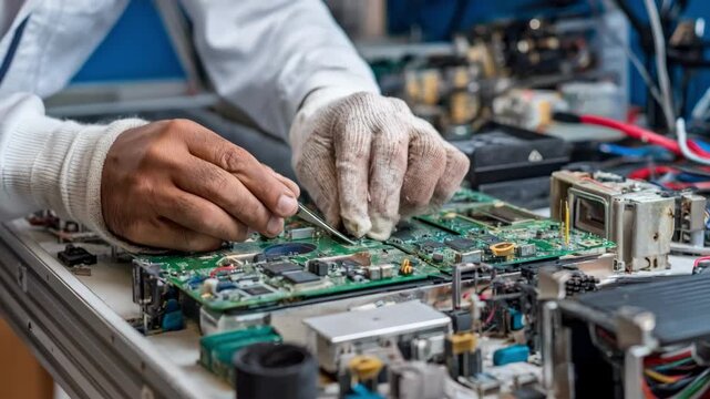 Medium shot capturing a technician dismantling electronic devices for safe recycling showcasing environmentally sound ewaste management techniques.