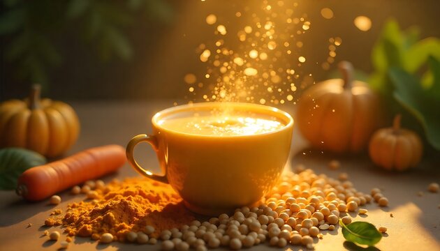 Warm, inviting turmeric latte with falling spices, pumpkins and soy beans, evoking autumn vibes and healthy living concepts