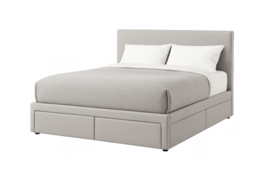 Upholstered bed on transparent background, featuring a minimalist design, built-in storage drawers below, and a padded headboard