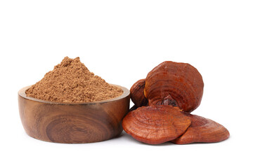 Lingzhi mushroom. lingzhi mushroom powder in a wooden cup. isolated on white background.