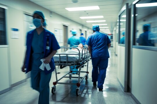 Medical team transporting patient on gurney in hospital hallway - Powered by Adobe