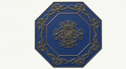 Ornate octagonal panel featuring raised gold scrollwork against a deep blue background.