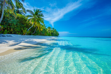 Tranquil closeup calm sea water waves with palm trees. Beautiful Panorama. Tropical island beach landscape exotic shore coast. Summer vacation, holiday amazing nature. Relax paradise, Maldives.