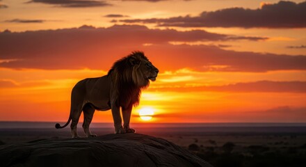 Majestic male lion standing on a rock at sunset, silhouetted against a vibrant orange and yellow sky in the african savanna