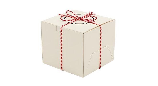 Gift - White gift box wrapped with red and white twine string isolated on white background, perfect for holiday presents and celebrations