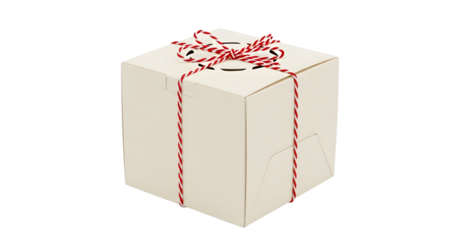 Gift - White gift box wrapped with red and white twine string isolated on white background, perfect for holiday presents and celebrations