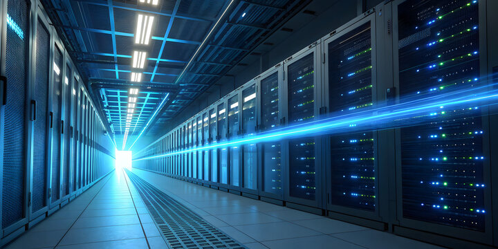 Futuristic blue data center with light trails
