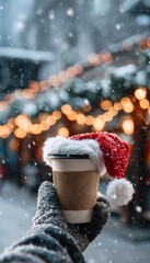 hand in warm glove or mitten holding takeaway coffee cup wearing small Santa hat, snowy winter street with bokeh Christmas lights in background, cozy holiday mood, Christmas market, outdoor cafe