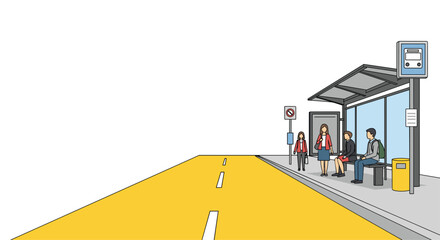 Passengers wait at a bus stop on a bright yellow road, ready for their commute on public transport