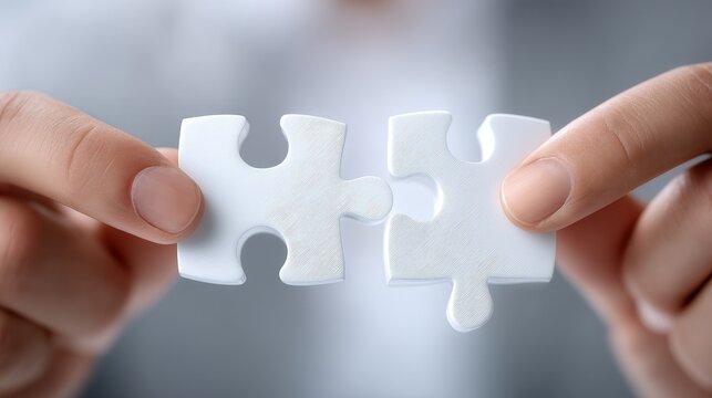 Hands solving puzzle pieces representing teamwork, collaboration, and business success, strategy and problem solving, cooperative effort, professional partnership, clean background.
