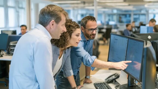 IT specialist demonstrating ERP software features to colleagues for optimizing enterprise resource planning and improving workflow efficiency.