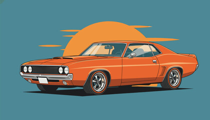 Obraz premium Own the road with this classic orange muscle car against a retro sunset, perfect for automotive enthusiasts