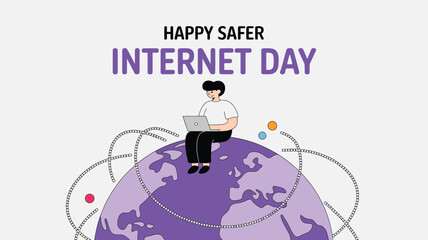 Happy Safer Internet Day Cartoon of Person Using Laptop Atop the World with Connections