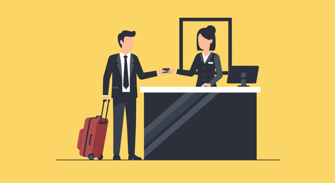 Elegant businessman checking into a modern hotel, receiving keycard from professional receptionist at the front desk - Powered by Adobe