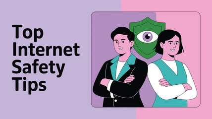Naklejka premium Internet Security Cartoon Illustration of a Man and Woman with Security Shield Symbolizing Protection