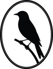Silhouette of a bird perched on a branch within an oval frame