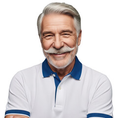 Smiling older man with mustache polo shirt isolated on transparent background