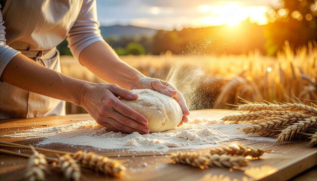 Baker kneading fresh dough on wooden table in wheat field at sunset with flour and golden grain stalks