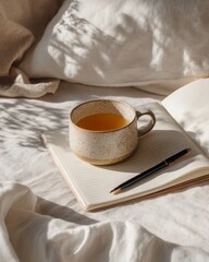 cozy morning self-care ritual: natural sunlight, ceramic cup with tea, open blank journal mockup and pen, light linen bedding, calm minimalist aesthetics, soft natural tones. journaling, mental health