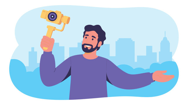 Man Recording Cityscape with Camera on Gimbal for Vlog or Social Media Post