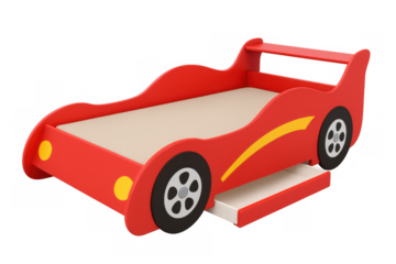 Red race car bed for children with storage drawer, creating a fun and playful bedroom furniture concept, transparent background