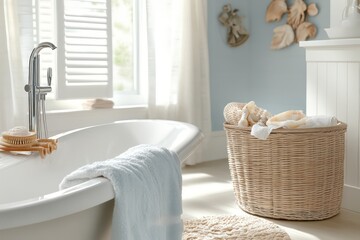 A coastal bathroom with light, airy colors, natural light, an wicker accessories and airy textiles. 