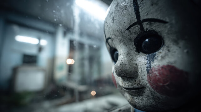 Creepy close-up of an old cracked doll head with large black eyes and red cheeks indoors near a foggy and dirty window with blurred background and dim lighting.