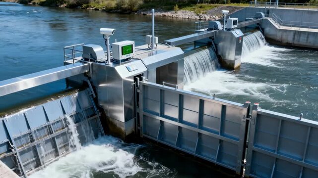 Automated floodgate system controlling water flow in a river setting showcasing advanced technology managing natural water levels with precise adjustments.
