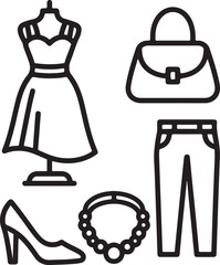 Black Line Art Minimalist Fashion Icons Collection on White Background