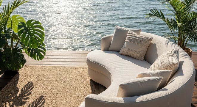 A comfortable, curved outdoor sofa with plush cushions sits on a wooden deck by the water, surrounded by lush greenery
