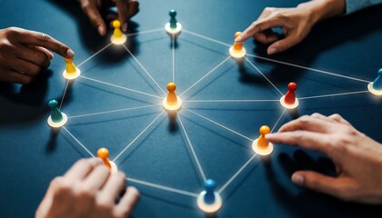 Hands connecting game pieces with light trails representing a network on a blue surface, concept for social media marketing connectivity, business strategy and global communication