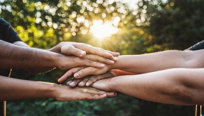 Group of diverse team members stacking hands together outdoor with sunburst shining through trees, concept for collaboration, teamwork and unity