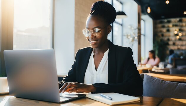 Smiling young financial analyst working on laptop with notebook and pen in the office, concept for online meeting, business communication and educational resources